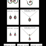 Here’s a rewritten version of the sentence using your product data: Nine jewelry pieces from Firefly’s Botanical Collection—including earrings, necklaces, and studs adorned with vibrant floral motifs—are showcased on a white background. Highlights include the NK: Botanical Tear Drop Flower Pendant-Multicolor and an elegant multicolor necklace, with prices ranging from $12 to $36.