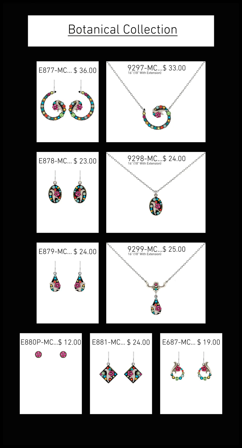 Here’s a rewritten version of the sentence using your product data: Nine jewelry pieces from Firefly’s Botanical Collection—including earrings, necklaces, and studs adorned with vibrant floral motifs—are showcased on a white background. Highlights include the NK: Botanical Tear Drop Flower Pendant-Multicolor and an elegant multicolor necklace, with prices ranging from $12 to $36.