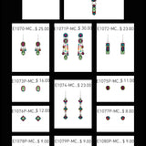 A jewelry catalog page features Firefly’s geometric rectangle multicolor earrings accented with peridot, showcasing vibrant, eye-catching designs; each piece is clearly labeled with its product name—ER: Geometric Rectangle - Multicolor—and corresponding price.