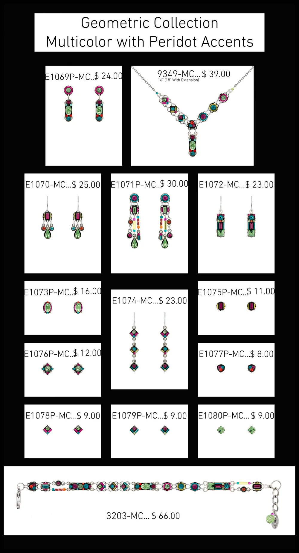 A jewelry catalog page features Firefly’s geometric rectangle multicolor earrings accented with peridot, showcasing vibrant, eye-catching designs; each piece is clearly labeled with its product name—ER: Geometric Rectangle - Multicolor—and corresponding price.