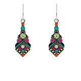 Vibrant and intricate, these Firefly Geometric Diamond Shape w/ Peridot Accent Earrings showcase colorful geometric patterns with accents of green, pink, blue, orange, and yellow on a silver base. Featuring a striking diamond-shaped design by Firefly Jewelry, they are displayed on a white background and provide a lively statement to any ensemble.