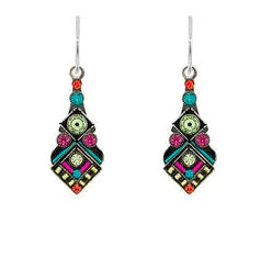 Vibrant and intricate, these Firefly Geometric Diamond Shape w/ Peridot Accent Earrings showcase colorful geometric patterns with accents of green, pink, blue, orange, and yellow on a silver base. Featuring a striking diamond-shaped design by Firefly Jewelry, they are displayed on a white background and provide a lively statement to any ensemble.