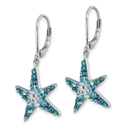 Presco/Quality Golds Crystal Blue Starfish Earrings are sterling silver lever-back earrings adorned with blue and clear Swarovski crystals.