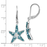 Crystal Blue Starfish Earrings by Presco/Quality Gold feature blue and clear Swarovski crystals, each about 1 inch wide, dangling from silver lever-back hooks. These sterling silver earrings add sparkle to any look.