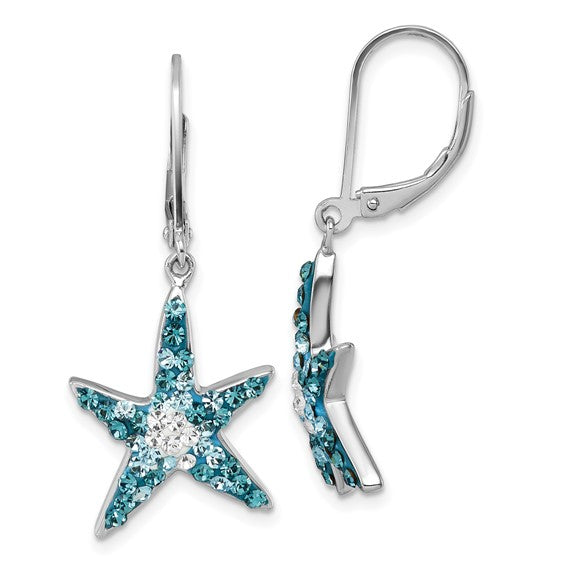 The Crystal Blue Starfish Earrings by Presco/Quality Gold are shaped like starfish, adorned with blue and clear Swarovski crystals, and feature secure leverback clasps.