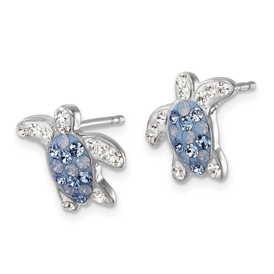 Presco/Quality Gold Swarovski Crystals Light Blue Turtle Post Earrings feature sterling silver turtle studs with clear and light blue crystals on the shell and flippers, shown on a white background.