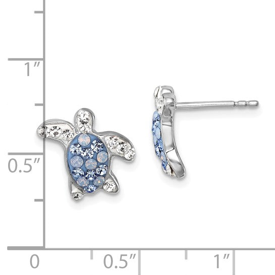 The Presco/Quality Gold Swarovski Crystals Light Blue Turtle Post Earrings feature small sterling silver turtles with blue and clear crystals. Each earring measures about 0.5 inches long and is shown on a white background with a ruler for scale.