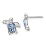 Presco/Quality Gold Swarovski Crystals Light Blue Turtle Post Earrings feature sterling silver turtles with light blue and white crystals on their shells. One earring is shown front-facing, the other displays the post from the side.