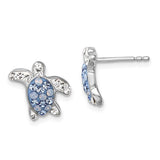 Presco/Quality Gold Swarovski Crystals Light Blue Turtle Post Earrings feature sterling silver turtles with light blue and white crystals on their shells. One earring is shown front-facing, the other displays the post from the side.