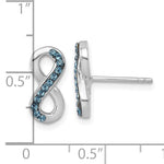 The Presco/Quality Gold Crystal Eternity Post Earrings feature a silver infinity design with sparkling crystals and small blue stones, shown front and side view by a ruler for scale (just under 0.5 inches).