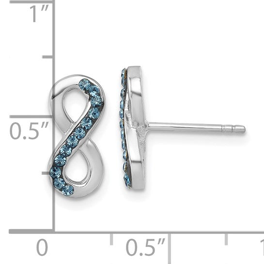 The Presco/Quality Gold Crystal Eternity Post Earrings feature a silver infinity design with sparkling crystals and small blue stones, shown front and side view by a ruler for scale (just under 0.5 inches).