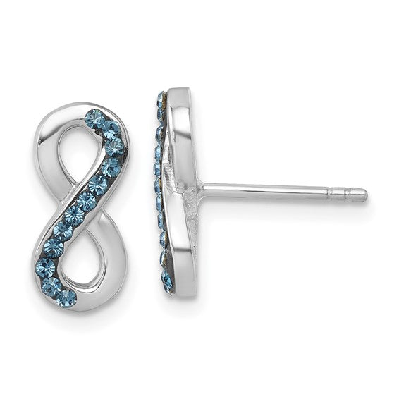 Crystal Eternity Post Earrings by Presco/Quality Gold feature sterling silver infinity-shaped studs with dazzling crystals on the front. Shown: one earring from the front, the other from the side to display the post.