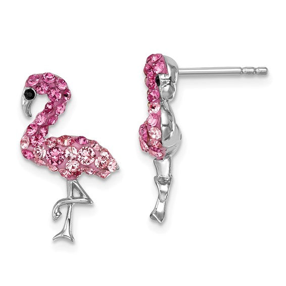 Crystal Flamingo Pink Post Earrings by Presco/Quality Gold feature flamingos with pink rhinestones, silver-tone legs and beaks, black eyes, and a sparkling design—one earring faces forward, the other is shown in profile.