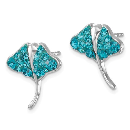 Discover the Crystal Stingray Teal Post Earrings by Presco/Quality Gold—sterling silver earrings styled as stingrays with sparkling teal gemstones, displayed elegantly against a white background.