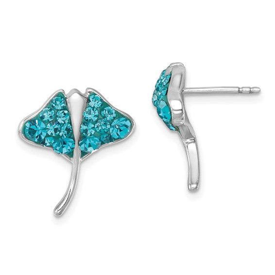 The Presco/Quality Gold Crystal Stingray Teal Post Earrings feature a unique stingray design in sterling silver with teal crystals; one earring is shown from the front and the other from the side to highlight the post.