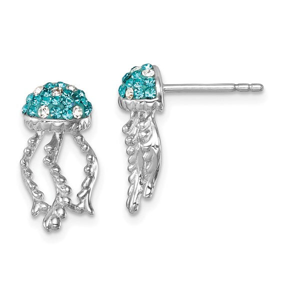 The Presco/Quality Gold Crystal Jellyfish Post Earrings feature sterling silver with blue and clear gemstones on the dome and intricately detailed, dangling tentacles.