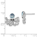 The Presco/Quality Gold Crystals Octopus Earrings, made of sterling silver with blue, white, and black gemstones, measure about 0.5 wide by 0.75 tall and are shown next to a ruler for scale.