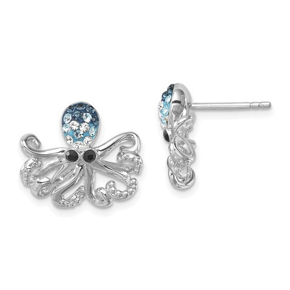 Crystals Octopus Earrings by Presco/Quality Gold feature blue and white gemstones on the head, black gemstone eyes, and sterling silver design. Shown from front and side angles on a white background.