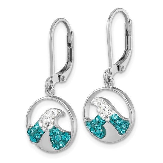 The Crystal Wave Whitecap Earrings by Presco/Quality Gold showcase circular wave designs in sterling silver, accented with turquoise and clear gemstones on lever-back hooks.