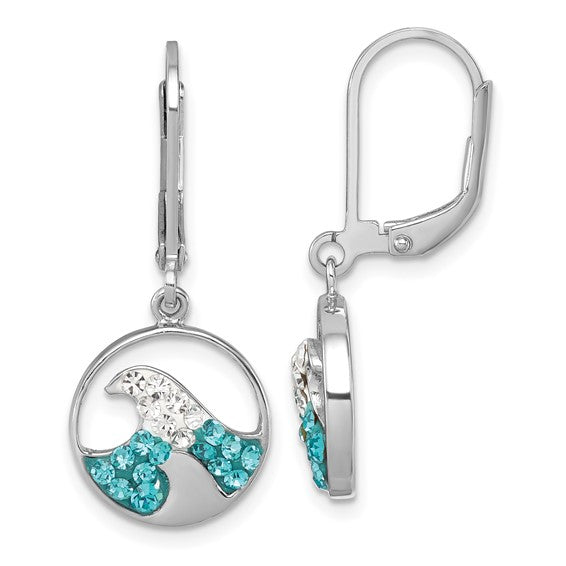Presco/Quality Gold Crystal Wave Whitecap Earrings in sterling silver feature round wave designs with blue and clear crystals. Shown from the front and side, each elegant earring has a lever-back closure.