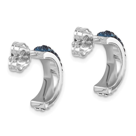 Crystal Half Loop Earrings by Presco/Quality Gold feature a curved sterling silver design with dark blue gemstone accents and butterfly backings, displayed from the side to showcase their elegant shape.