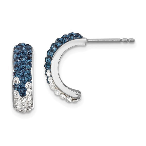 The Presco/Quality Gold Crystal Half Loop Earrings feature round-cut blue and clear crystals in a gradient pattern, displayed from front and side angles on a white background.