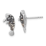Presco/Quality Gold’s Crystal Manatee Post Earrings feature sparkling black and clear stones set in shiny silver, with one earring shown from the front and the other from the side to display the post.