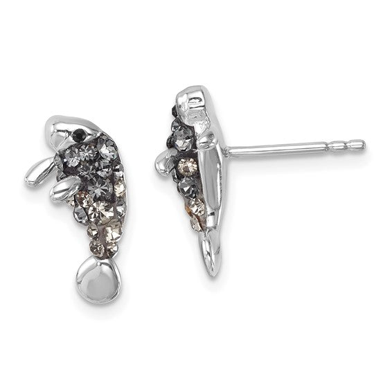 Presco/Quality Gold’s Crystal Manatee Post Earrings feature sparkling black and clear stones set in shiny silver, with one earring shown from the front and the other from the side to display the post.