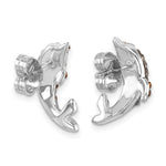 The Crystal Dolphin Post Earrings by Presco/Quality Gold are sterling silver studs shaped like dolphins, featuring butterfly backings and designed to face each other on a plain white background.