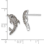 Presco/Quality Gold Crystal Dolphin Post Earrings, embellished with small rhinestones, are displayed on a grid with inch markings—one earring shown front-facing and the other from the side for scale.