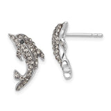 Presco/Quality Gold Crystal Dolphin Post Earrings feature dolphin-shaped studs adorned with sparkling clear rhinestones and black stone eyes. Set includes one front- and one side-view earring.