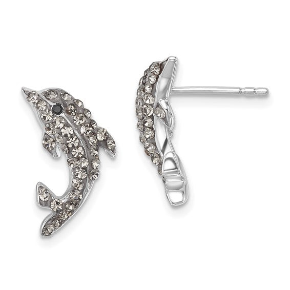 Presco/Quality Gold Crystal Dolphin Post Earrings feature dolphin-shaped studs adorned with sparkling clear rhinestones and black stone eyes. Set includes one front- and one side-view earring.