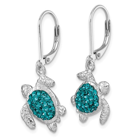 The Presco/Quality Gold Crystal Teal Turtle Dangle Earrings feature silver turtles with detailed limbs and teal-blue crystal-encrusted shells, finished with secure lever-back closures for comfortable wear.