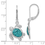 The Presco/Quality Gold Crystal Teal Turtle Dangle Earrings, featuring blue-green crystal shells and shaped like sea turtles, measure about 1.25 inches long and make a dazzling ocean-inspired accessory.