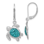 The Presco/Quality Gold Crystal Teal Turtle Dangle Earrings feature turquoise blue crystal-encrusted shells, detailed flippers, and lever-back hooks. One sterling silver earring is shown from the front, the other from the side.