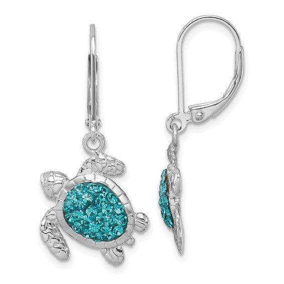 The Presco/Quality Gold Crystal Teal Turtle Dangle Earrings feature turquoise blue crystal-encrusted shells, detailed flippers, and lever-back hooks. One sterling silver earring is shown from the front, the other from the side.