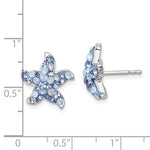 Crystal Blue & Clear Starfish Post Earrings by Presco/Quality Gold feature light blue gems and measure just under 1 inch, shown against a white background with a measurement grid.
