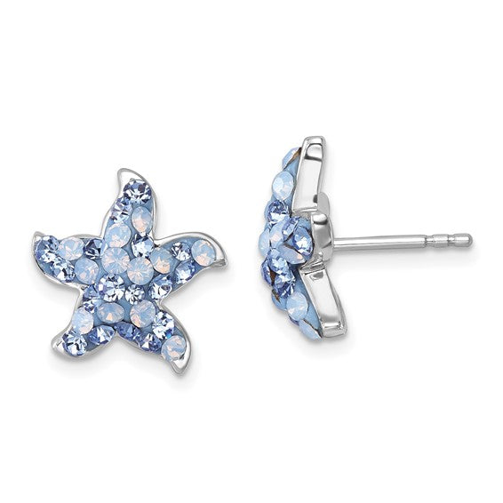The Crystal Blue & Clear Starfish Post Earrings by Presco/Quality Gold are sterling silver earrings shaped like starfish and adorned with sparkling blue and clear crystals.
