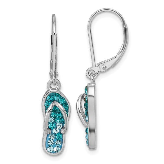The Presco/Quality Gold Crystal Flip Flop Dangle Earrings, crafted in sterling silver with blue and aqua gemstones, are featured from the front and side against a white background.