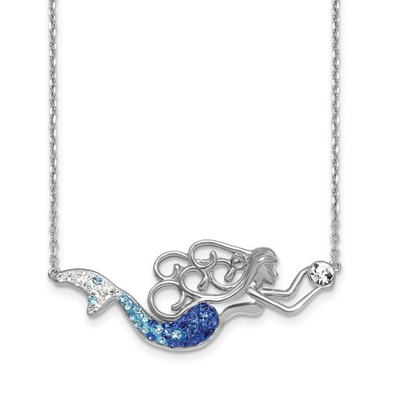 The Presco/Quality Gold Crystal Mermaid Necklace features a sterling silver pendant with flowing hair, a blue-white gradient tail, and a clear gemstone—an elegant piece for mermaid jewelry lovers.