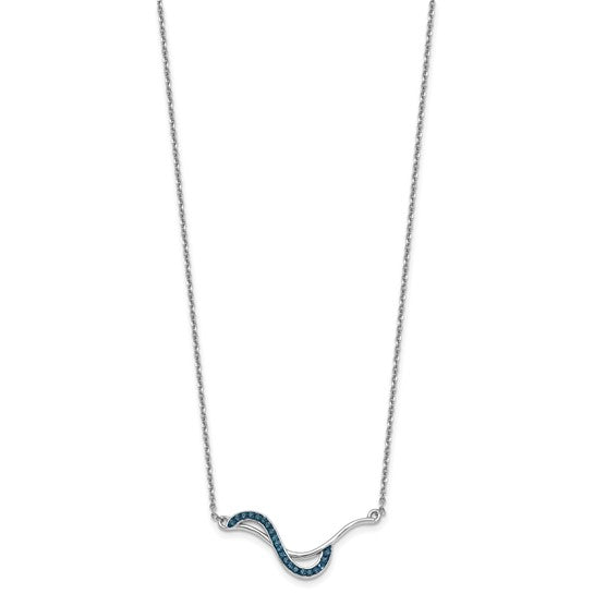 The Presco/Quality Gold Crystal Blue Wave Inlay Necklace showcases a delicate wavy pendant with blue accents on a simple silver chain, elegantly displayed against a white background.