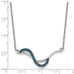 The Presco/Quality Gold Crystal Blue Wave Inlay Necklace features a sterling silver pendant with blue gemstones, shown on a white background with a ruler indicating the pendant measures about 1.5 inches wide.