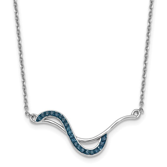 The Presco/Quality Gold Crystal Blue Wave Inlay Necklace features a sterling silver chain and a wavy pendant inlaid with small blue gemstones for an elegant touch.