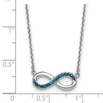 The Presco/Quality Gold Crystal Infinity Necklace features a sterling silver infinity pendant with blue crystals, measuring around 1 inch wide.
