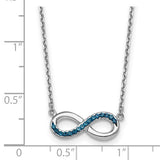 The Presco/Quality Gold Crystal Infinity Necklace features a sterling silver infinity pendant with blue crystals, measuring around 1 inch wide.