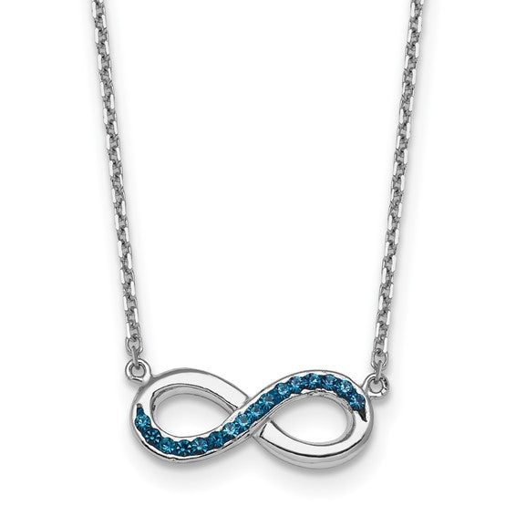 The Presco/Quality Gold Crystal Infinity Necklace features a sterling silver pendant, half adorned with blue crystals, suspended from a delicate chain.