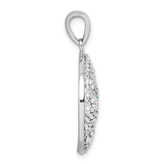 Side view of the Presco/Quality Gold Crystal White Sand Dollar Pendant in sterling silver, with a smooth edge, textured diamond-studded surface, and a teardrop-shaped bail at the top.