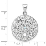 The Presco/Quality Gold Crystal White Sand Dollar Pendant features small crystals and a central star-shaped cutout, measuring about 1 inch wide and tall as shown next to a ruler.