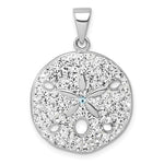 The Presco/Quality Gold Crystal White Sand Dollar Pendant features sparkling white stones, a central blue gem, star details, and cut-out ovals in sterling silver, finished with a bail for easy necklace attachment.