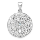 The Presco/Quality Gold Crystal White Sand Dollar Pendant features sparkling white stones, a central blue gem, star details, and cut-out ovals in sterling silver, finished with a bail for easy necklace attachment.